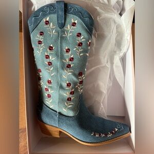 Ivy City Co Blue Floral Embroidered Heeled Boots